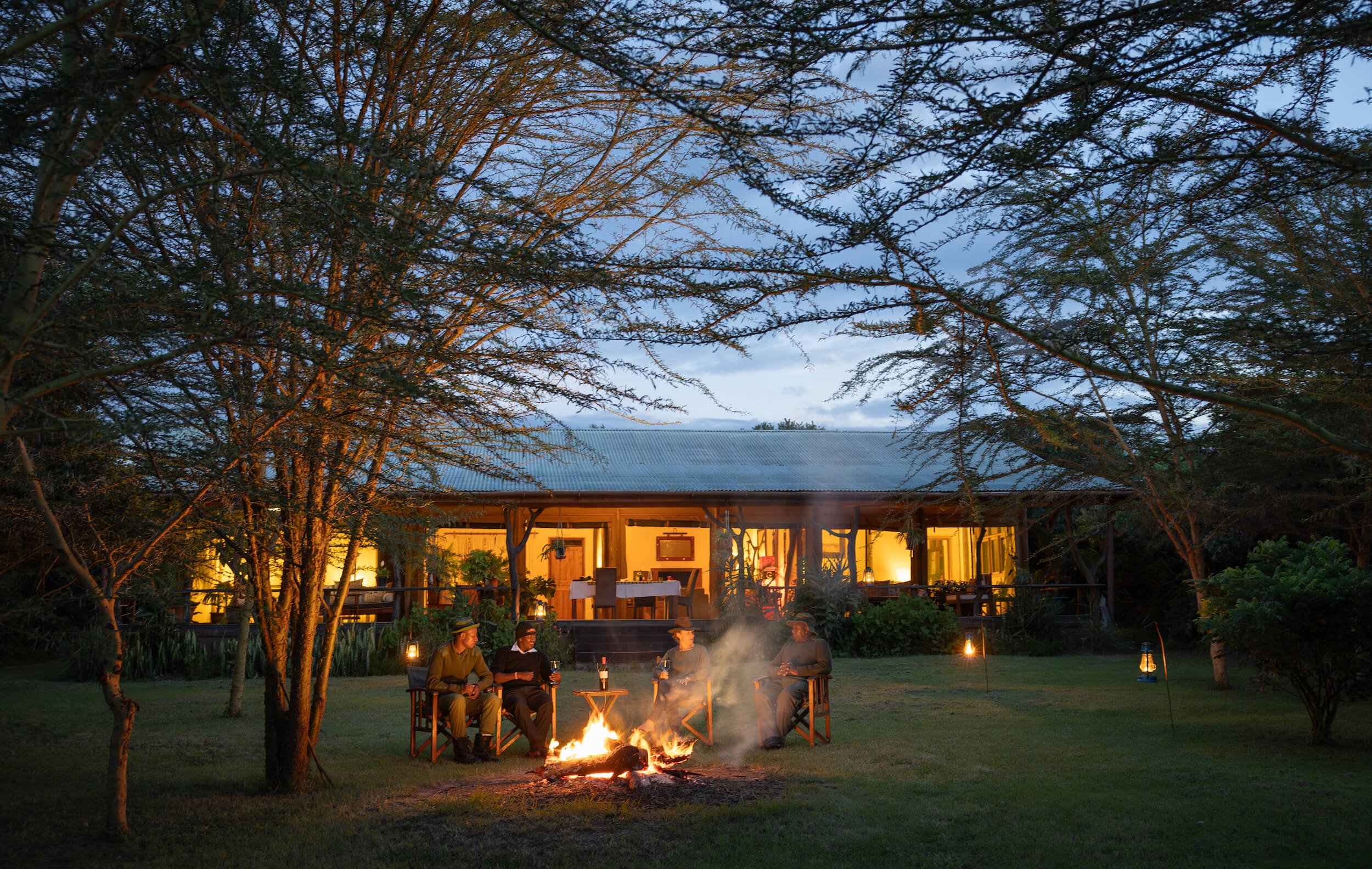 Evening fireplace at the Safari Cottages